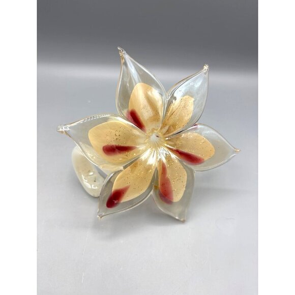 Vtg Handblown Glass Flower Paperweight‎ Beige Red Decor Spiral Stem - Picture 1 of 6